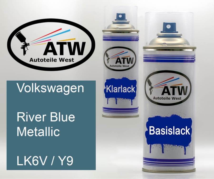 Volkswagen, River Blue Metallic, LK6V / Y9: 400ml Sprühdose + 400ml Klarlack - Set, von ATW Autoteile West.